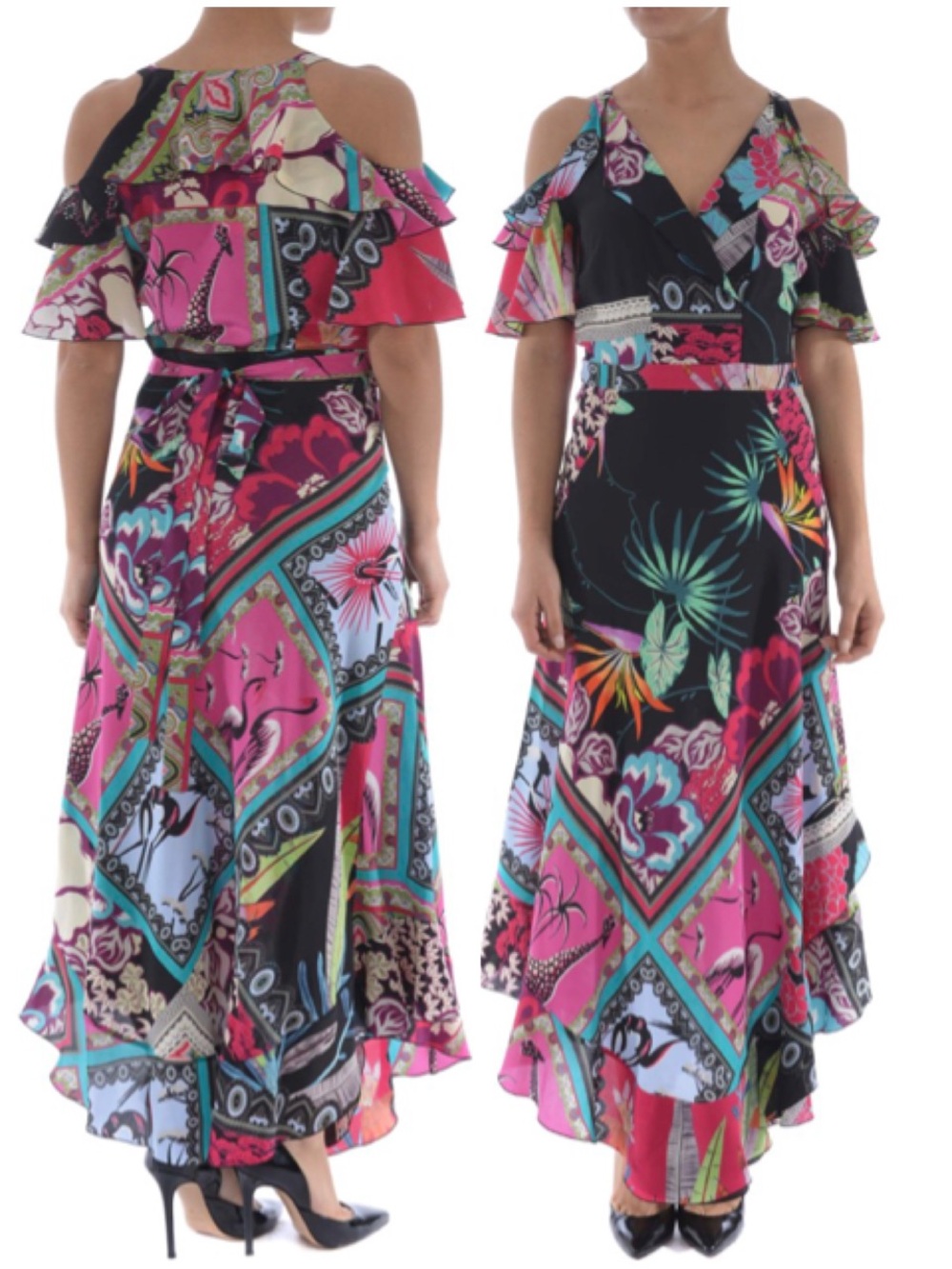 Etro Tropical Novelty Cold Shoulder Silk Flounced Ruffle Maxi Dress Sz 42/6 [TE]